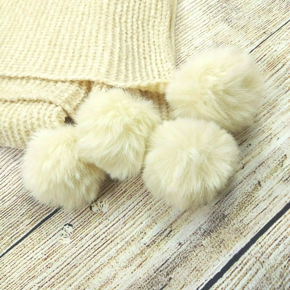 Women Scarf Cream W/Pom Pom Soft Comfy Warm Shawl Wrap Cowl Scarves Gift - Picture 6 of 10